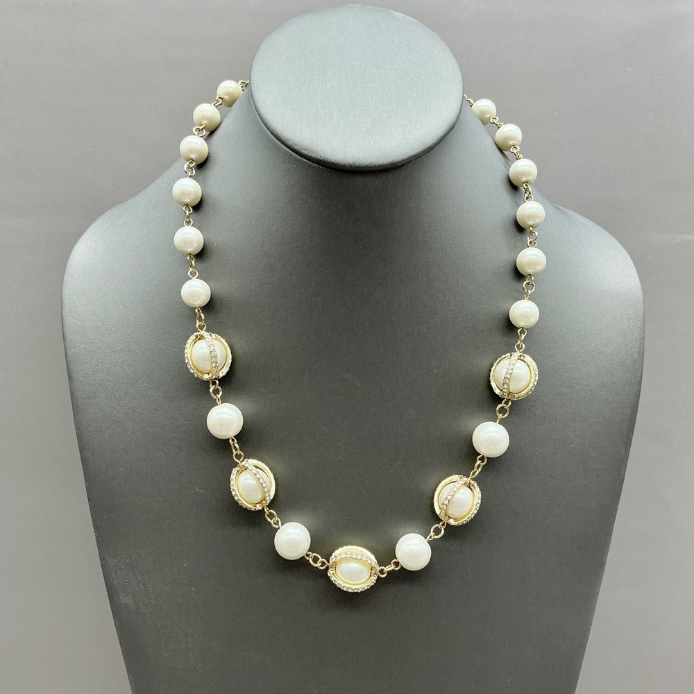 Charter Club Necklace Women White Faux Pearl Gold Tone Rhinestone Accents 9056